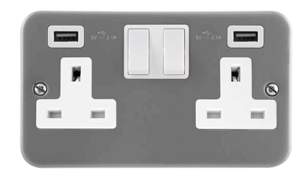 Click Essentials 13A 2 Gang Switched Socket with 2 x USB-A Outlets Metal Clad with Back Box