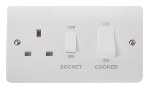 Click Mode 45A 2 Gang DP Cooker Switch with 13A DP Switched Socket And White Rocker White