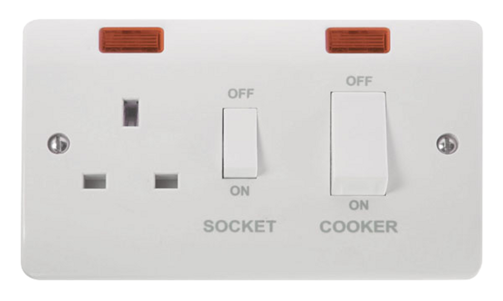Click Mode 45A 2 Gang DP Cooker Switch with 13A DP Switched Socket with Neon And White Rocker White