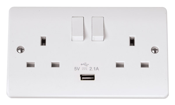 Click Mode 13A 2 Gang Switched Socket With 1 x USB-A Outlet White