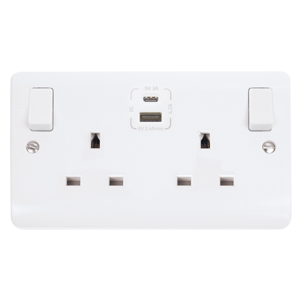 Click Mode 13A 2 Gang Switched Socket with 1 x USB-A & 1 x USB-C Outlets White
