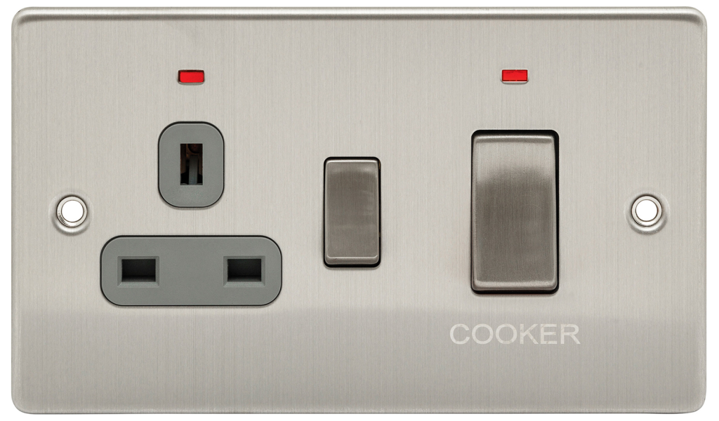 Niglon 45A DP Red Rocker Cooker Unit With Socket And Neon Brushed Chrome Grey Insert