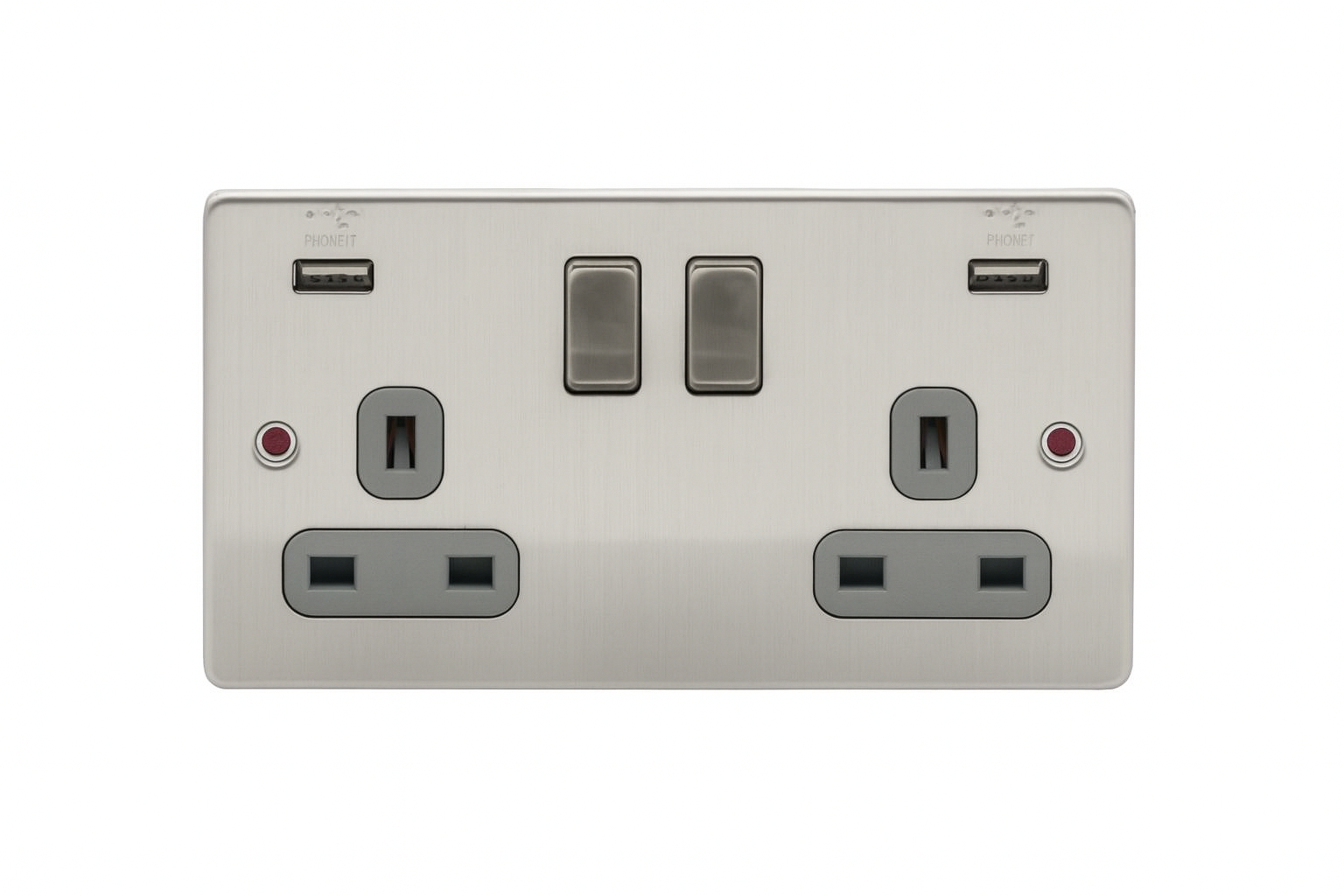 Niglon 2 Gang 13A Switched Socket With 2 USB Ports (2.1A + 1A) Brushed Chrome