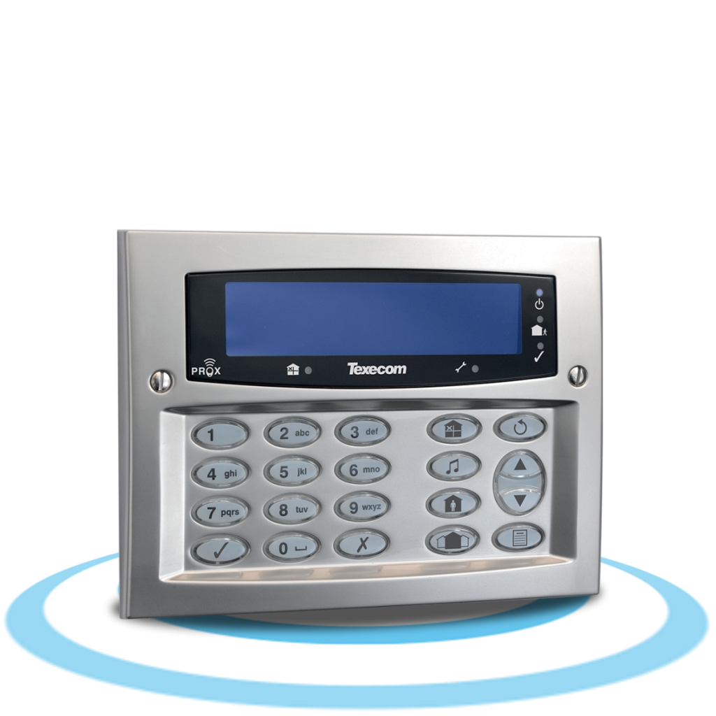 Texecom Premier Elite Blue LCD Keypad with Built In Proximity Tag Reader Flush Mount Polished Chrome