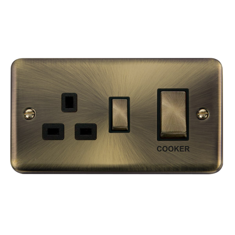 Click Deco Plus 45A 2 Gang DP Cooker Switch with 13A DP Switched Socket Antique Brass with Black Inserts
