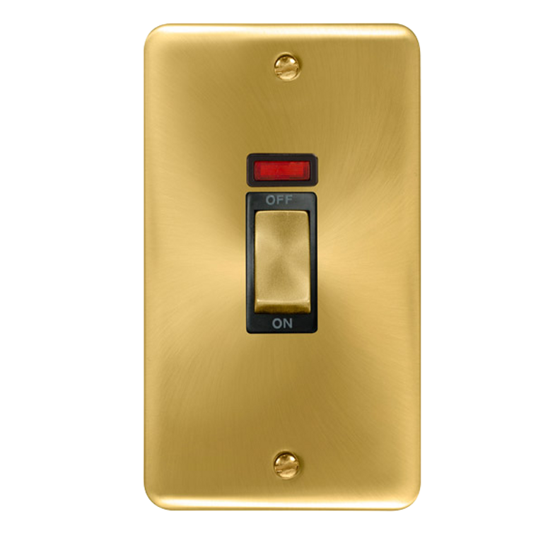 Click Deco Plus 45A 2 Gang DP Vertical Plate Switch with Neon Satin Brass with Black Inserts