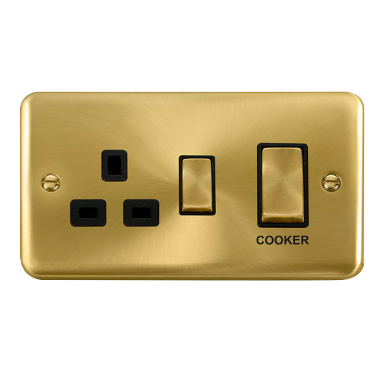 Click Deco Plus 45A 2 Gang DP Cooker Switch with 13A DP Switched Socket Satin Brass with Black Inserts