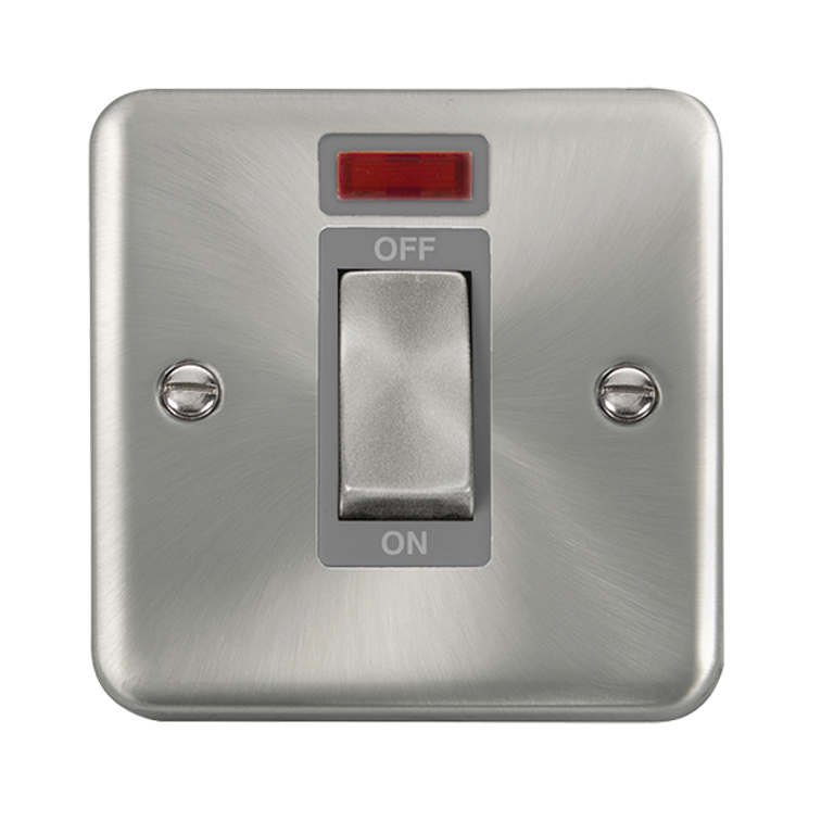 Click Deco Plus 45A 1 Gang DP Plate Switch with Neon Satin Chrome with Grey Inserts
