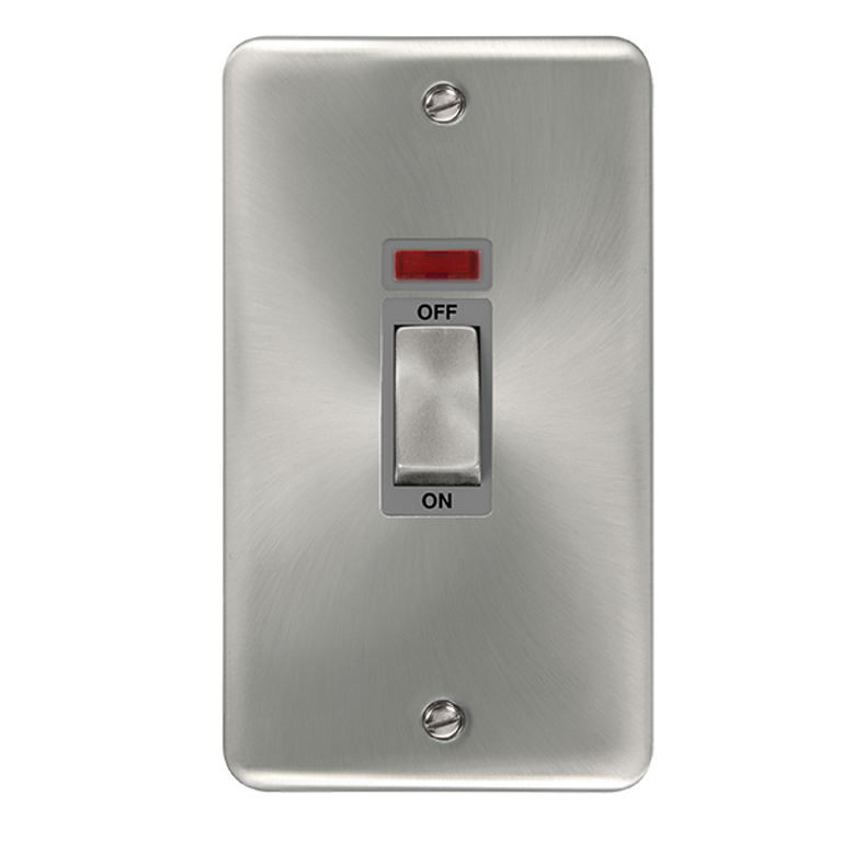 Click Deco Plus 45A 2 Gang DP Vertical Plate Switch with Neon Satin Chrome with Grey Inserts