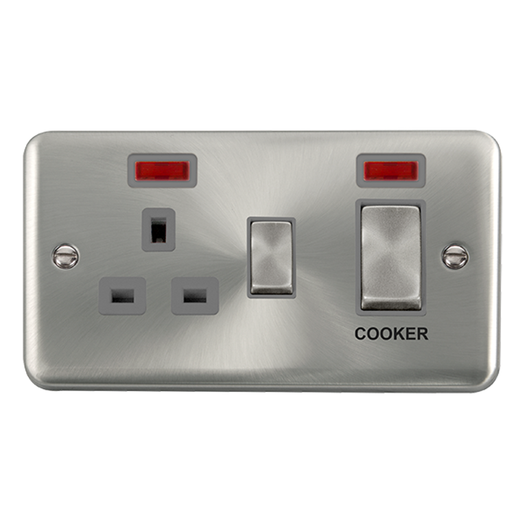 Click Deco Plus 45A 2 Gang DP Cooker Switch with 13A DP Switched Socket with Neon Stainless Steel with Grey Inserts