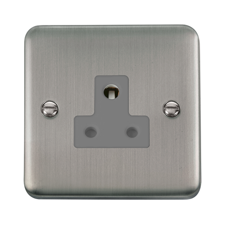 Click Deco Plus 5A 1 Gang Unswitched Round Pin Socket Stainless Steel with Grey Inserts