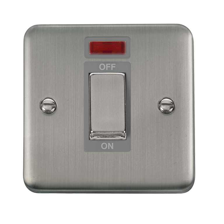 Click Deco Plus 45A 1 Gang DP Plate Switch with Neon Stainless Steel with Grey Inserts