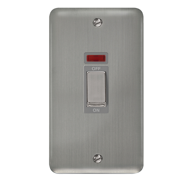 Click Deco Plus 45A 2 Gang DP Vertical Plate Switch with Neon Stainless Steel with Grey Inserts