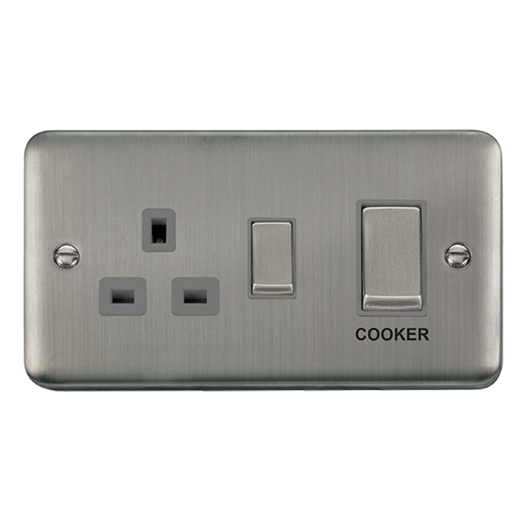Click Deco Plus 45A 2 Gang DP Cooker Switch with 13A DP Switched Socket Stainless Steel with Grey Inserts