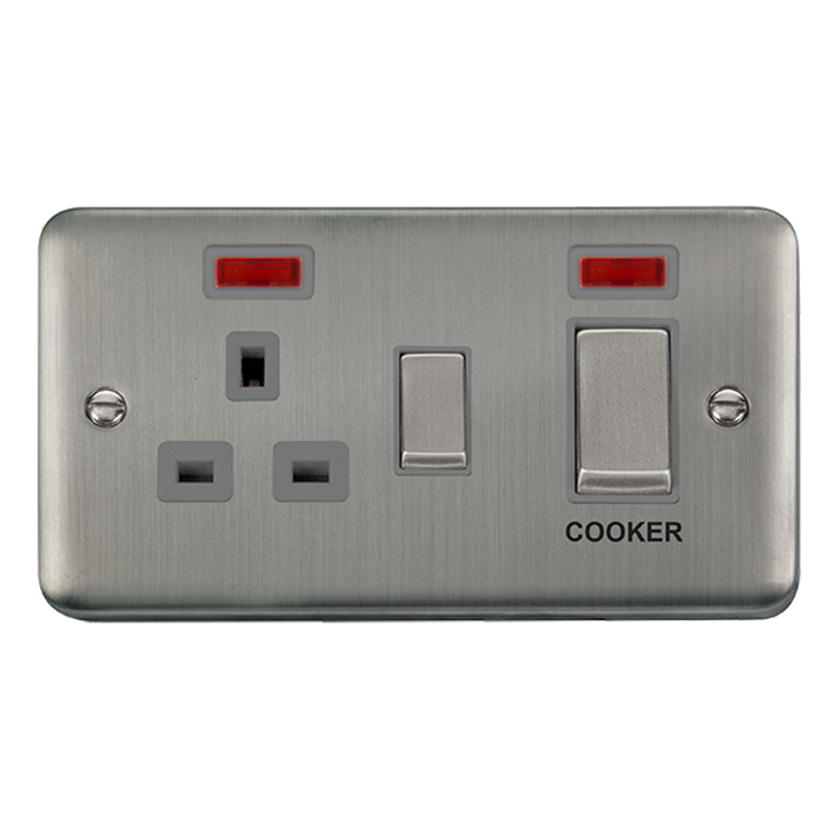 Click Deco Plus 45A 2 Gang DP Cooker Switch with 13A DP Switched Socket with Neon Stainless Steel with Grey Inserts