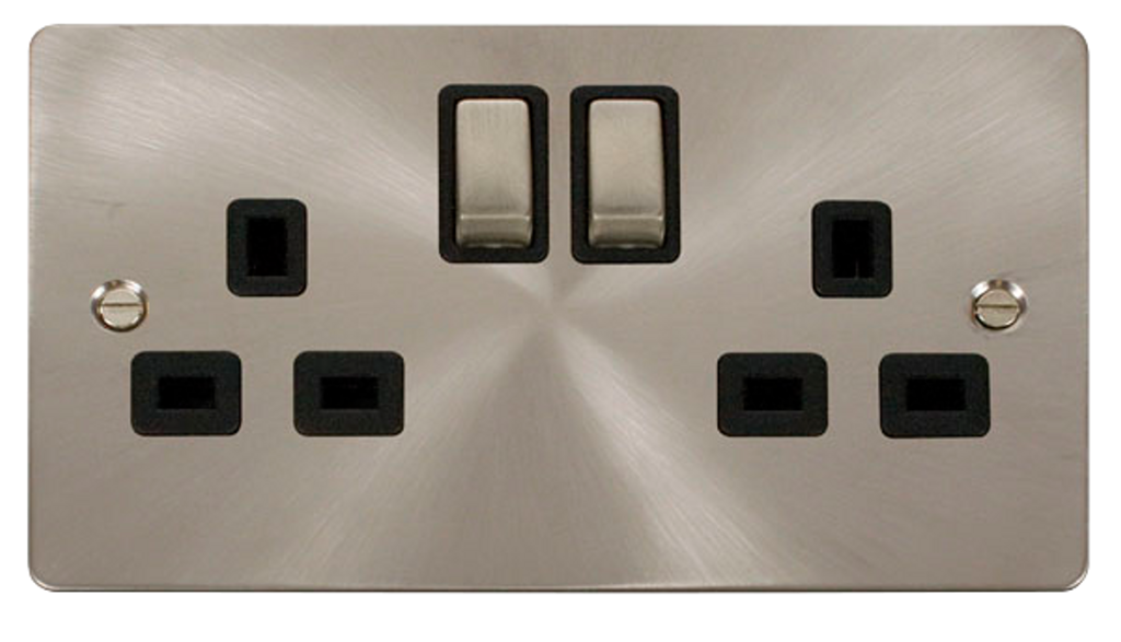 Click Define 13A 2 Gang DP Double Switched Socket Brushed Steel with Black Inserts