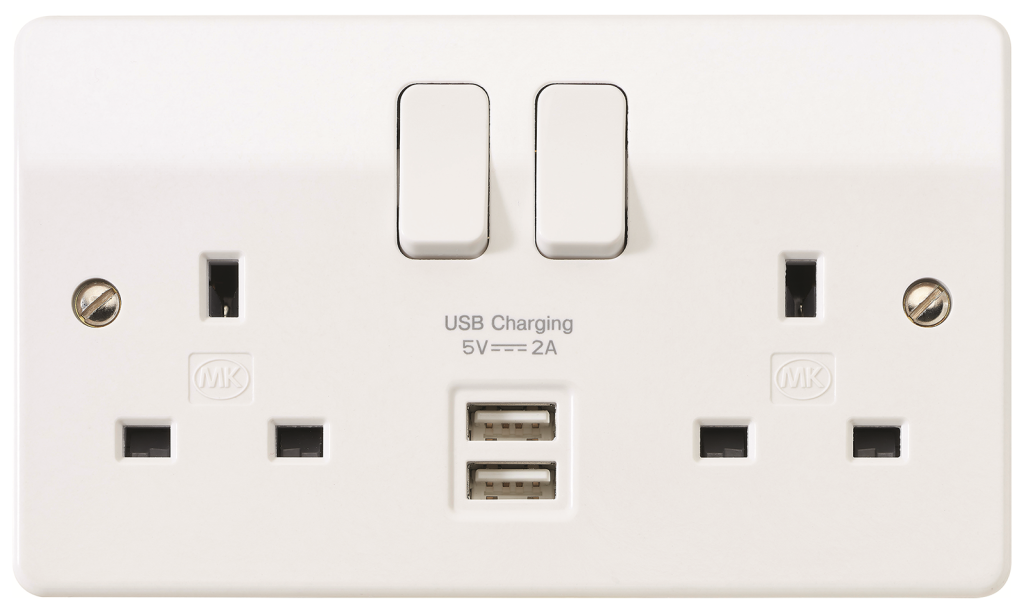 MK Logic Plus 2 Gang 13A Double Socket With 2 USB Ports (2.0A) White