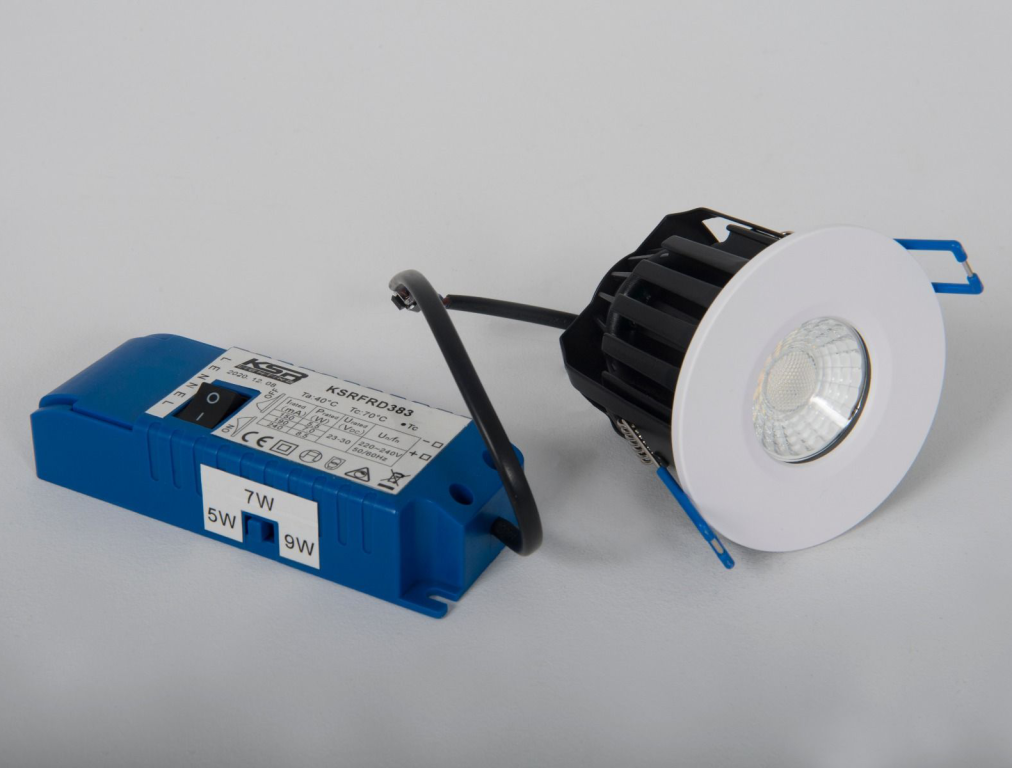 KSR Firebreak Qr Select Multi Wattage & 4CCT LED IP65 Tiltable Dimmable Downlight with Self-Test Emergency White