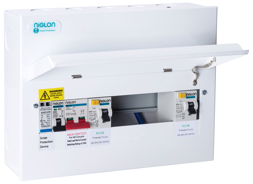 Niglon 4+4 100A Main Switch + Dual 63A RCD Split Load Metal Consumer Unit With SPD