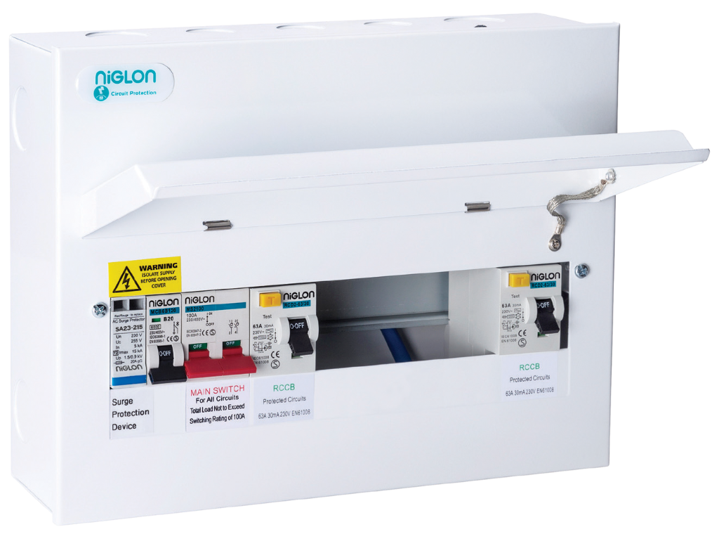 Niglon 5+5 100A Main Switch + Dual 80A RCD Split Load Metal Consumer Unit With SPD