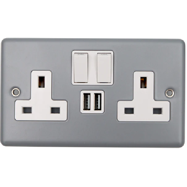 Thrion 2 Gang 13A Double Switched Socket With USB Metal Clad 