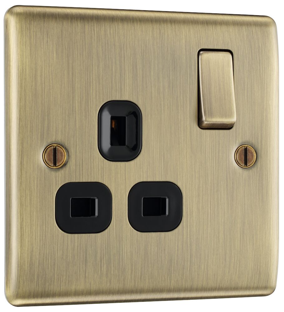 BG Nexus Metal 13A 1 Gang DP Single Switched Socket Antique Brass Black Inserts