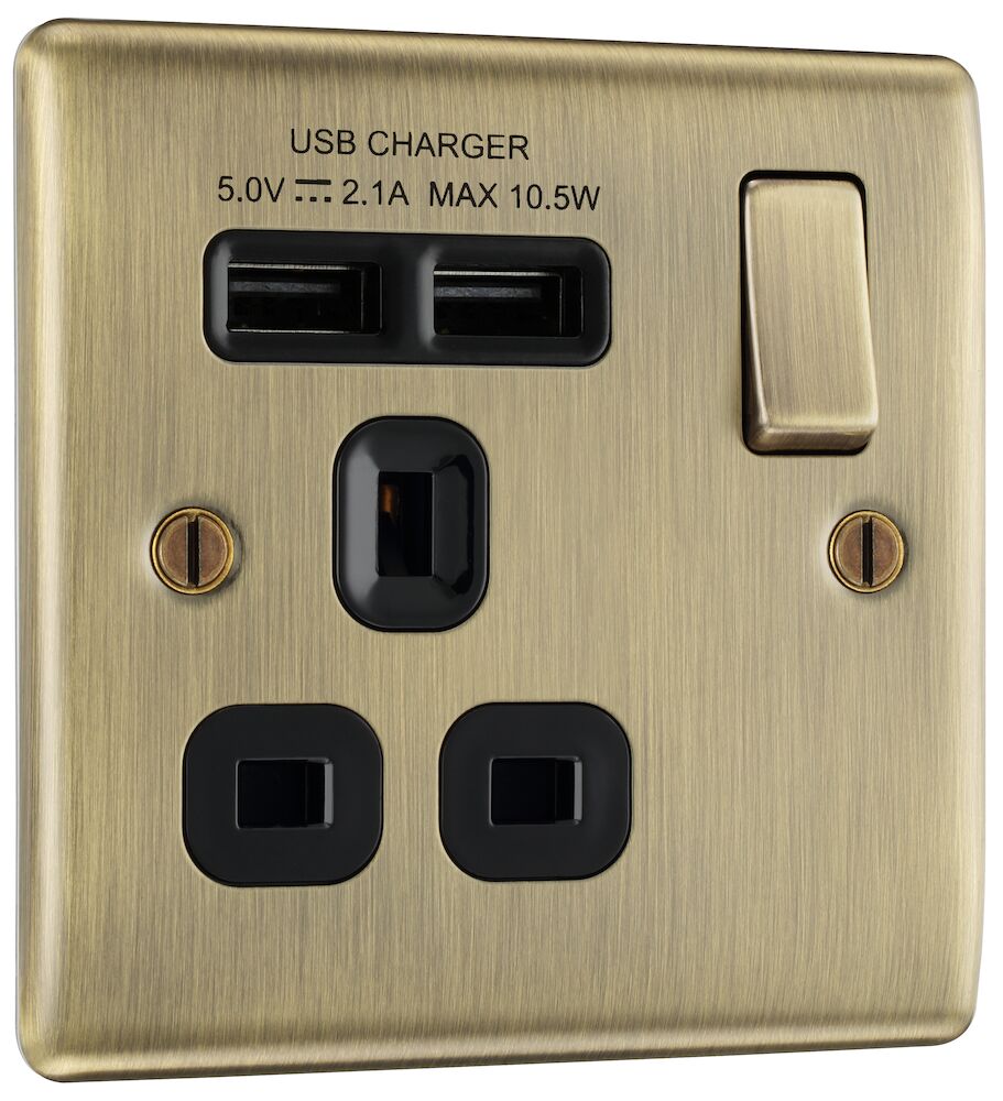 BG Nexus Metal 13A 1 Gang Single Switched Socket With 2 x USB A Ports (2.1A) Antique Brass with Black Inserts