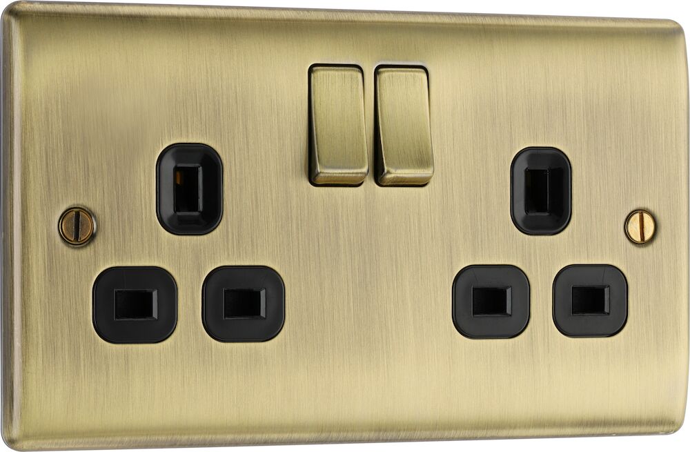 BG Nexus Metal 13A 2 Gang DP Double Switched Socket Antique Brass Black Inserts