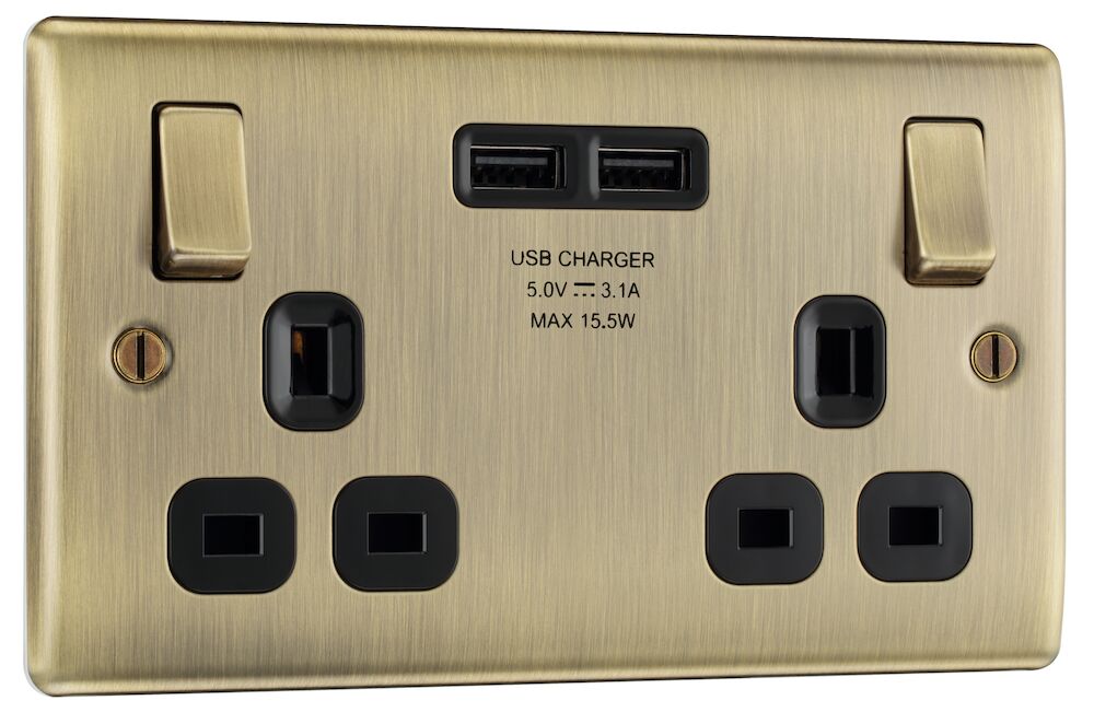BG Nexus Metal 13A 2 Gang Double Switched Socket With 2 x USB A Ports (3.1A) Antique Brass with Black Inserts