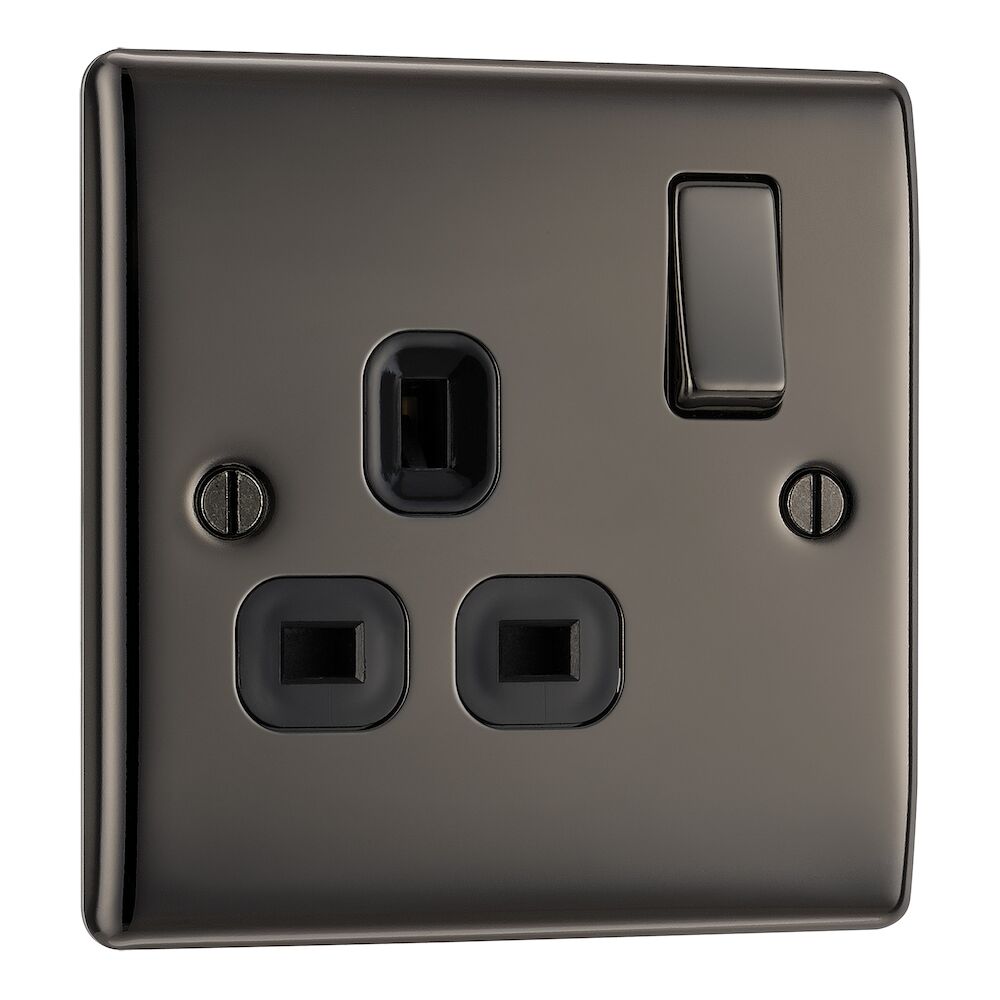 BG Nexus Metal 13A 1 Gang DP Single Switched Socket Black Nickel Black Inserts