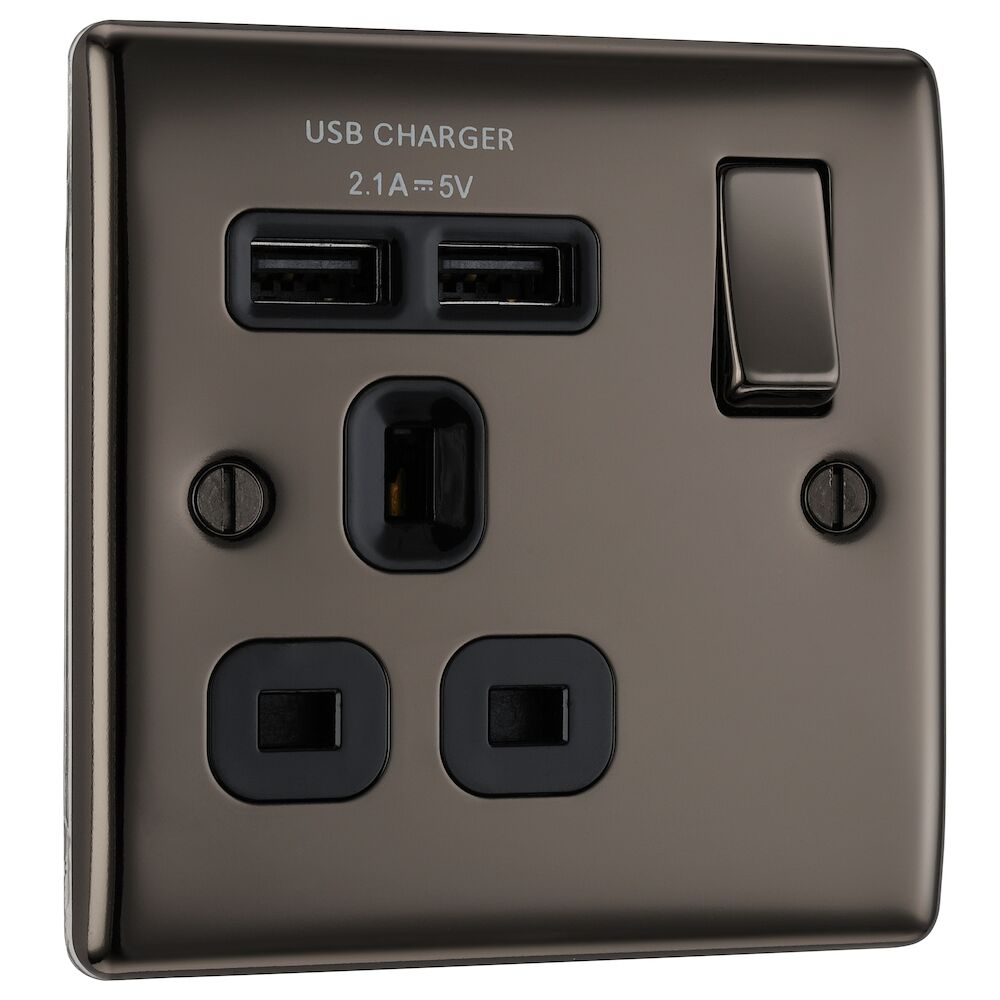 BG Nexus Metal 13A 1 Gang Single Socket With 2 x USB A Ports (2.1A) Black Nickel Black Inserts
