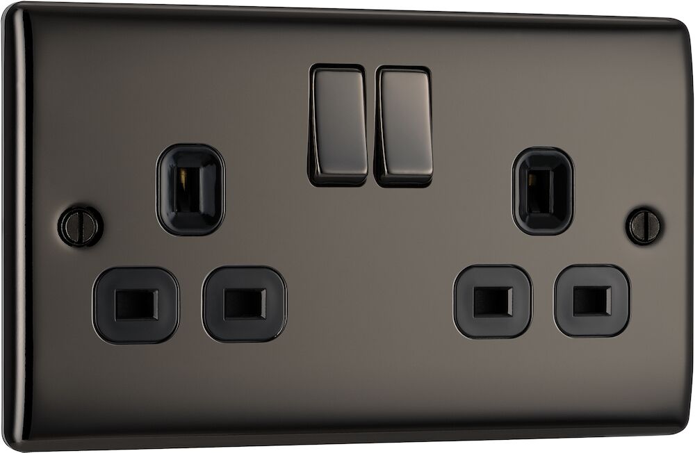 BG Nexus Metal 13A 2 Gang DP Double Switched Socket Black Nickel Black Inserts
