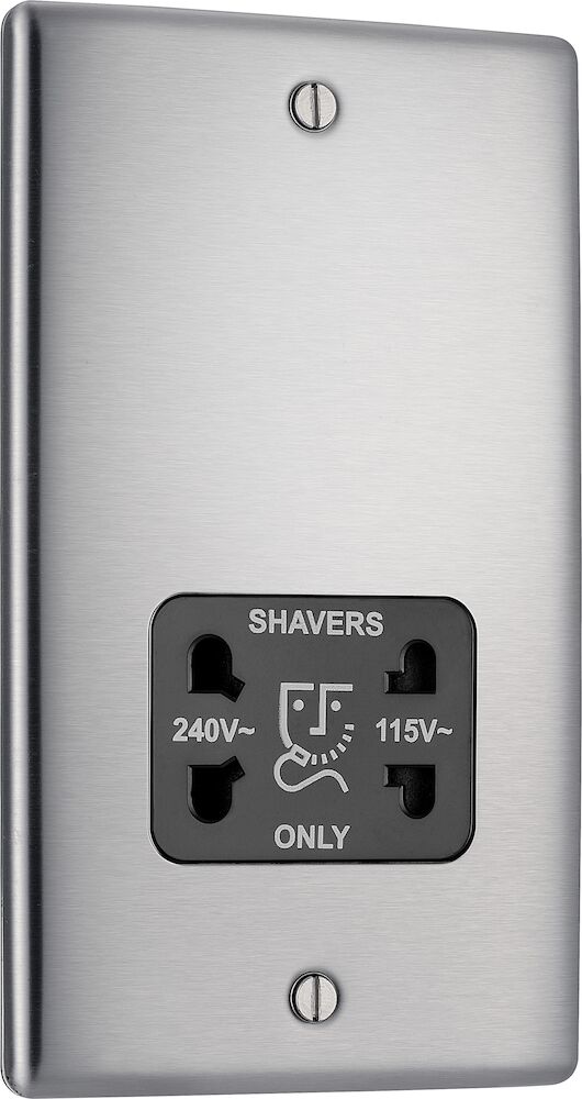BG Nexus Metal 115/230V Dual Voltage Shaver Socket Brushed Steel Black Insert