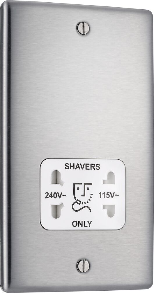 BG Nexus Metal 115/230V Dual Voltage Shaver Socket Brushed Steel White Insert