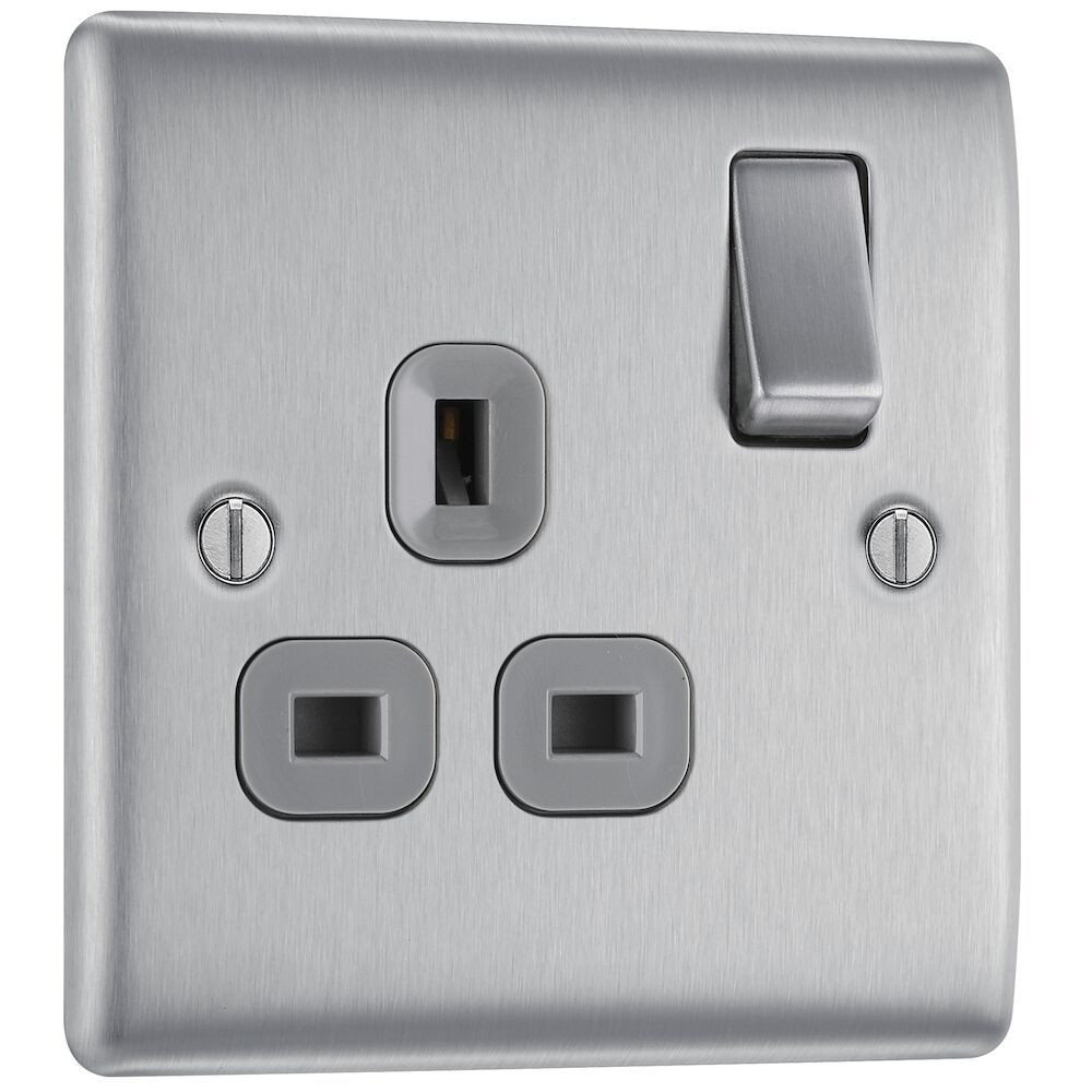 BG 13A 1 Gang DP Single Switched Socket Brushed Steel Grey Insert