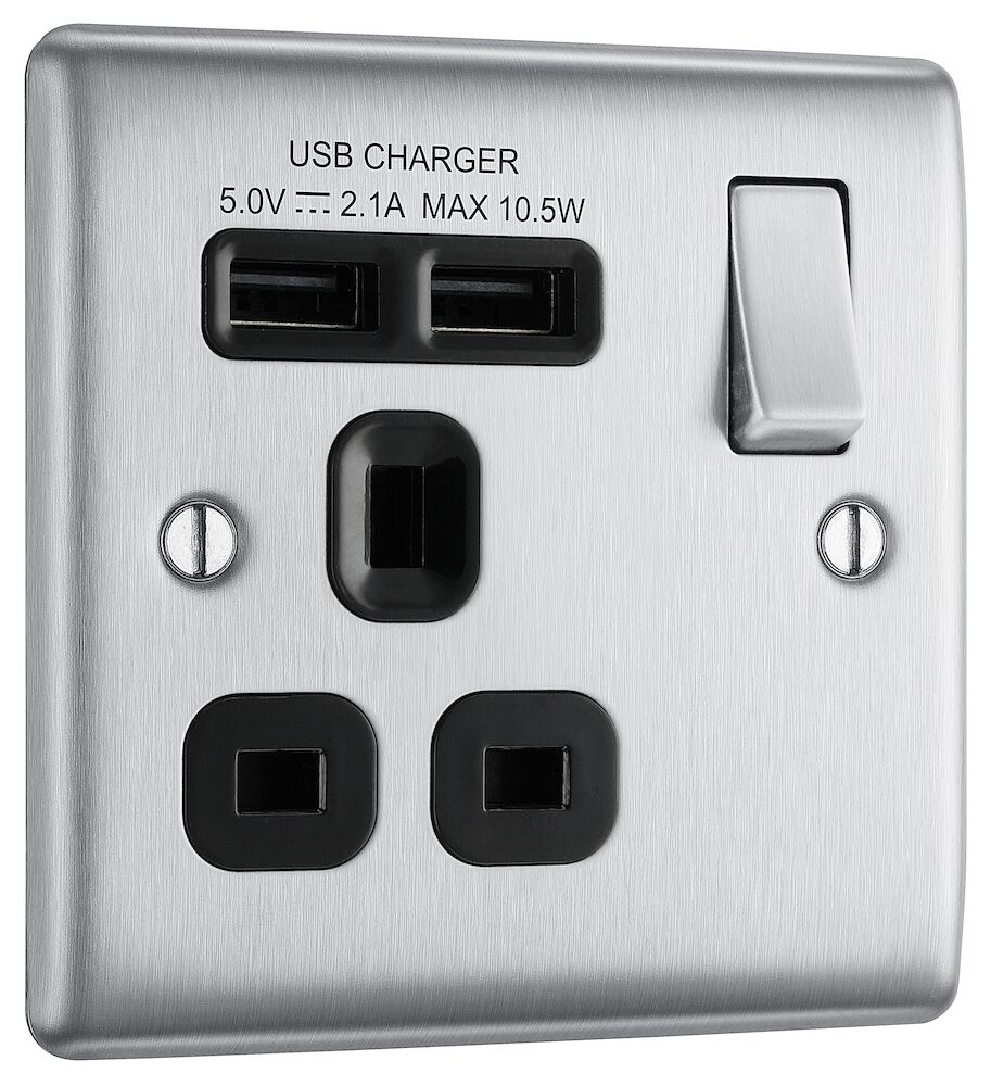 BG 1 Gang 13A Single Socket With 2 USB Ports (2.1A) Brushed Steel Black Insert