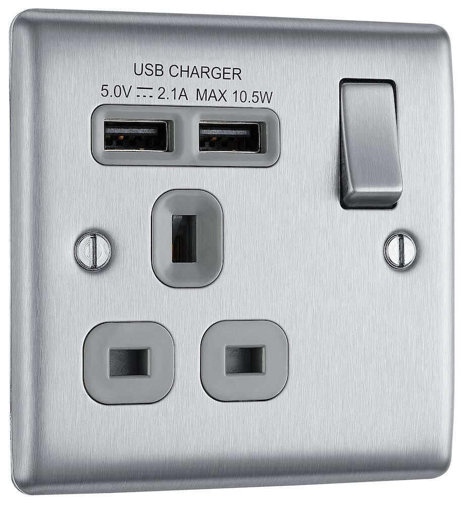 BG 1 Gang 13A Single Socket With 2 USB Ports (2.1A) Brushed Steel Grey Insert
