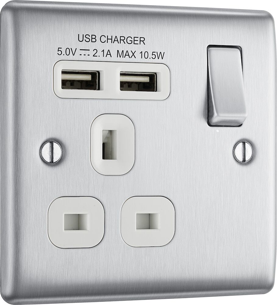 BG 1 Gang 13A Single Socket With 2 USB Ports (2.1A) Brushed Steel White Insert