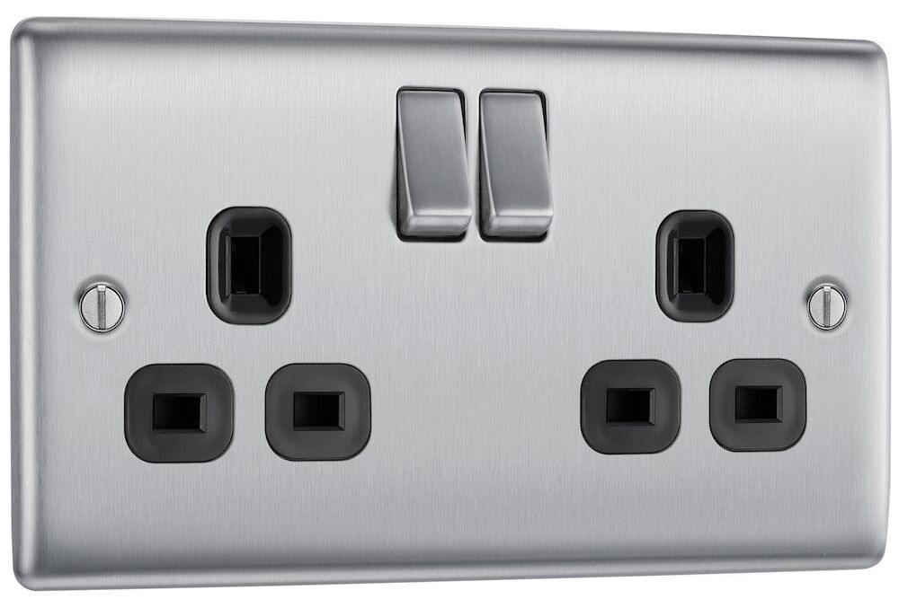 BG 13A 2 Gang DP Double Switched Socket Brushed Steel Black Insert