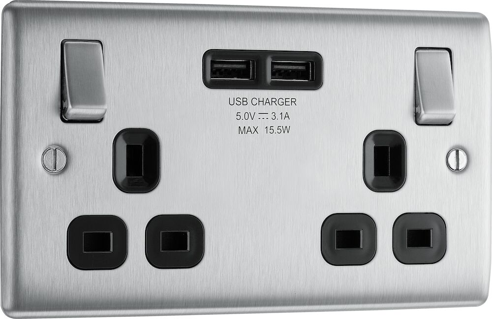 BG Nexus Metal 13A 2 Gang Double Switched Socket With 2 x USB A Ports (3.1A) Brushed Steel Black Insert