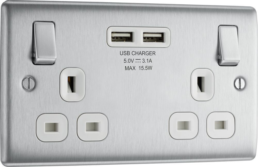 BG Nexus Metal 13A 2 Gang Double Switched Socket With 2 x USB A Ports (3.1A) Brushed Steel White Insert