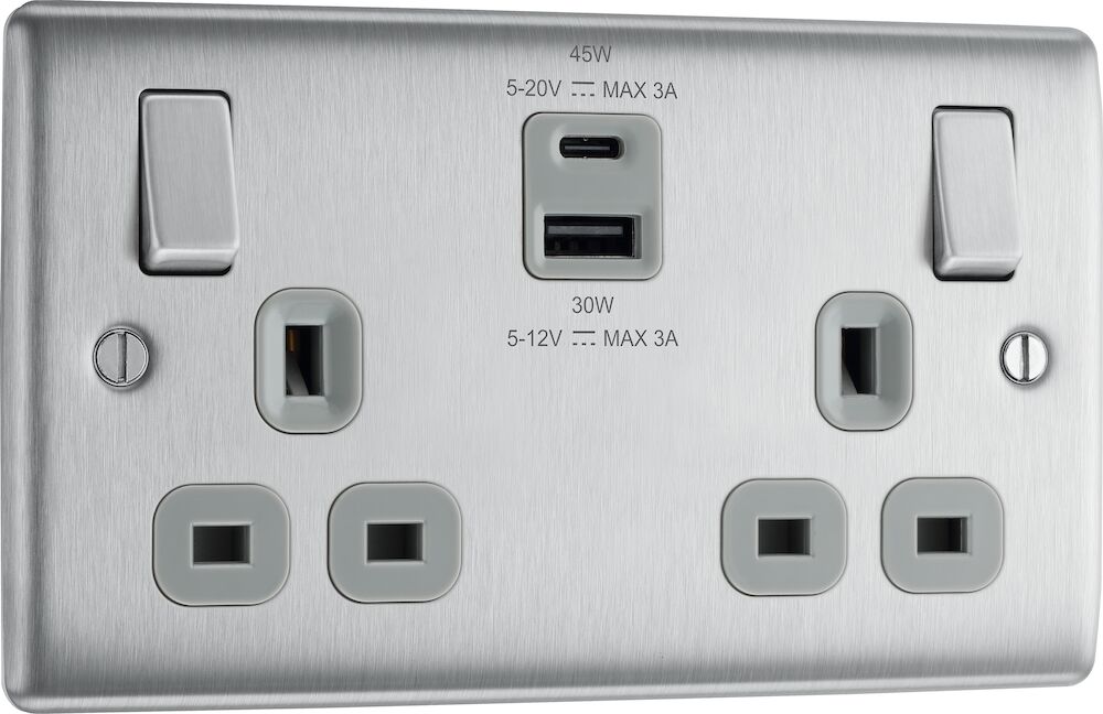 BG Nexus Metal 13A 2 Gang Double Switched Socket With Type A&C USB Chargers (45W) Brushed Steel Grey Inserts