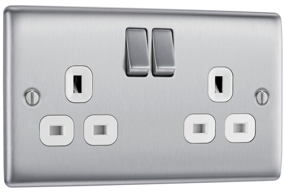 BG 13A 2 Gang DP Double Switched Socket Brushed Steel White Insert