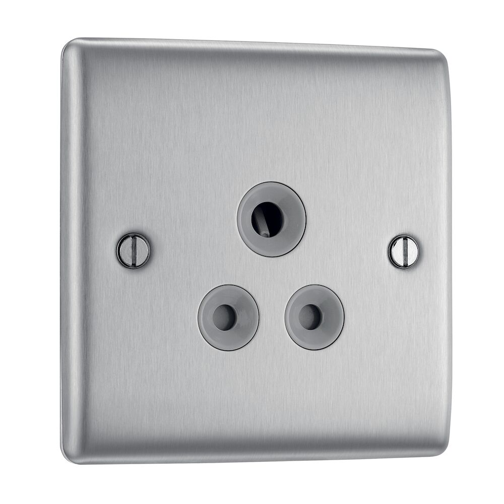 BG 1 Gang 5A Round Pin Unswitched Socket Brushed Steel Grey Insert