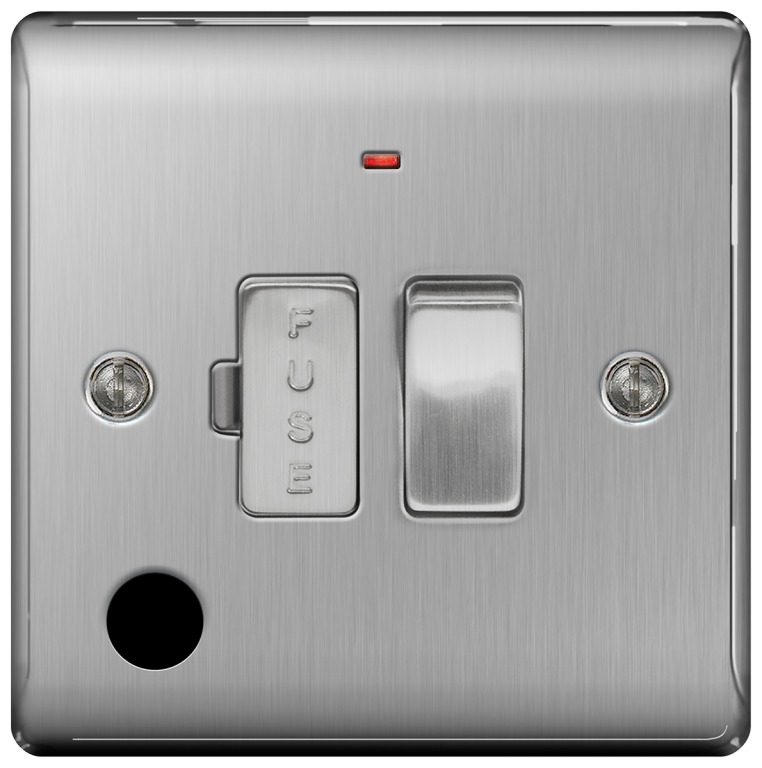 BG 13A Switched Fused Spur With Neon And Flex Outlet Brushed Steel