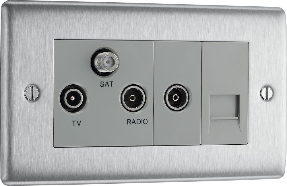 BG Triplex TV/FM/Satellite + Return With Telephone Screened Socket Brushed Steel