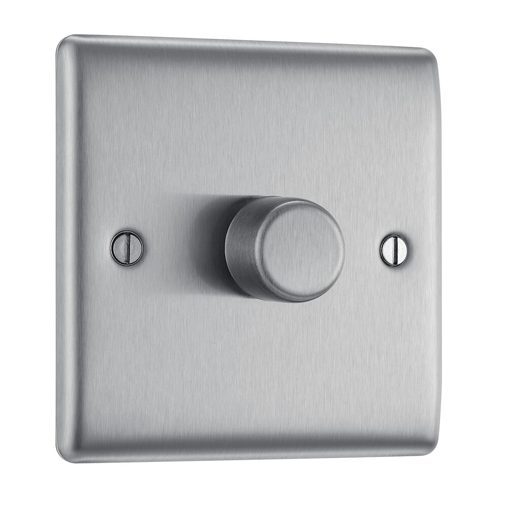BG Nexus Metal 1 Gang 2 Way 200W Trailing Edge Dimmer Switch Brushed Steel
