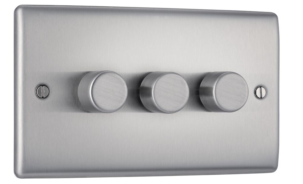 BG Nexus Metal 3 Gang 2 Way 200W Trailing Edge Dimmer Switch Brushed Steel