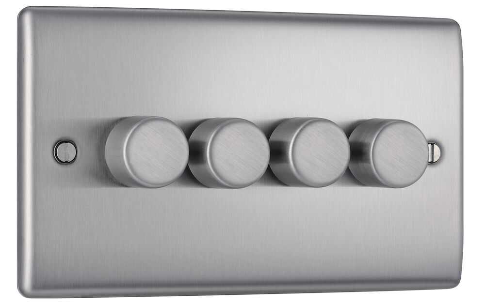 BG Nexus Metal 4 Gang 2 Way 200W Trailing Edge Dimmer Switch Brushed Steel