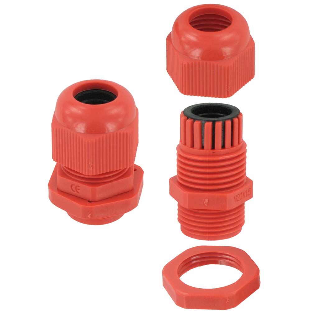 Deligo 20mm IP68 Dome Head Std Nylon Gland with Locknuts Red (Pack of 10)